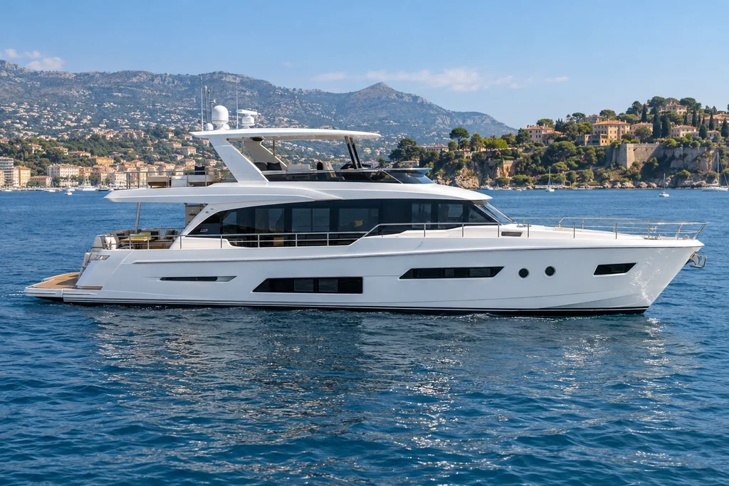 Yacht à moteur au large de Nice, coque et espaces de pont visibles